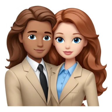 Barbie girl  , eyes blue , Chestnut red long wavy hair In pale beige clothes, Hugs a man with brown hair, brown eyes , and a black suit sticker