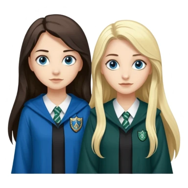a pretty ravenclaw girl with long dark brown hair and blue eyes standing with a hot Slytherin girl with long blonde hair, blue eyes sticker