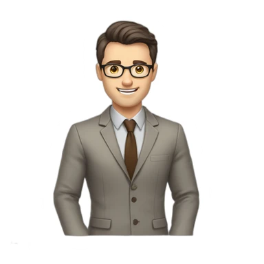 Pale skinned fit man teacher with dark brown hair in gray jacket, beige office shirt, brown tie, brown pants and vintage glasses Draws on the marker board sticker