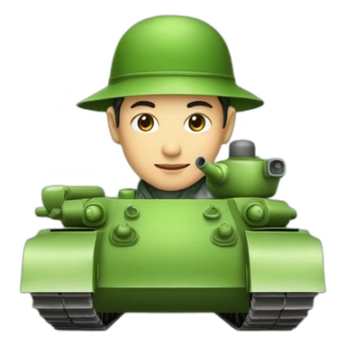 A Chinese man in a Chinese hat rides a green T-34 tank sticker