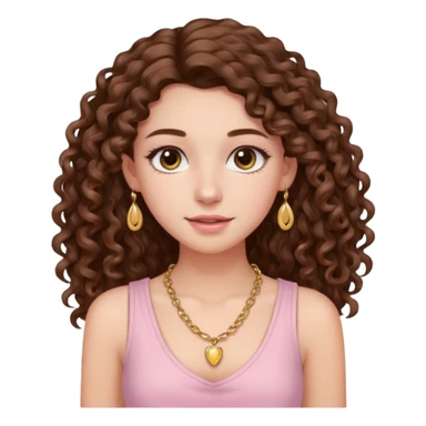 crée moi une jeune fille très belle avec les cheveux bouclés long brune avec un top  sans manche de couleur rose clair avec un peu de maquillage un collier en or sticker