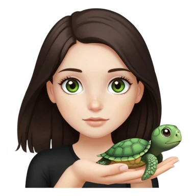 pretty girl, she has dark brown hair, long and straight, grayish green eyes, and long eyelashes, the girl has freckles and pale skin, she’s wearing black top and holding a turtle in her hand  sticker