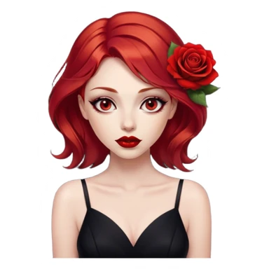 a beautiful very angry woman with red hair and red eyes. The woman wear a black little cutted dress. She have red lipstick and she have a seductive look. She have a rose flower in her hair sticker