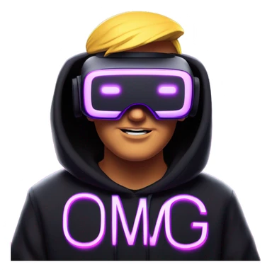 Donald Trump wearing a black hoodie with "OMG" letters on it and VR headset oculus quest 2 in a cyberpunk VR environment with violet neon lighting. sticker