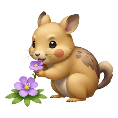small round pika on all fours, turned at an angle, biting a small light purple flower in its mouth sticker