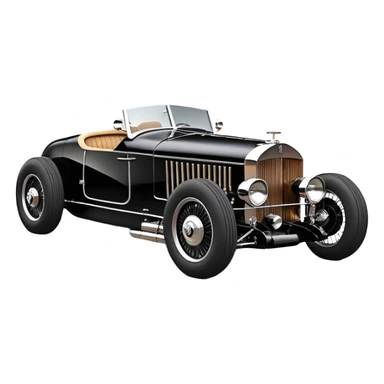 Satanic Darth Vader black Bare bones (channeled cowl) drag racing and speed record modified (fenders removed) chopped streamlined sporty roadster that is a (stripped down) hot street rodded engine sports car 1932 Rolls Royce Woody futuristic  wide racing wheels sticker