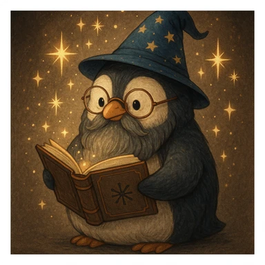 A chubby penguin wizard with glasses, a long beard, and a spellbook, surrounded by sparkles. sticker