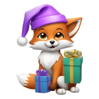 Baby fox wearing a purple Santa hat with gifts sticker