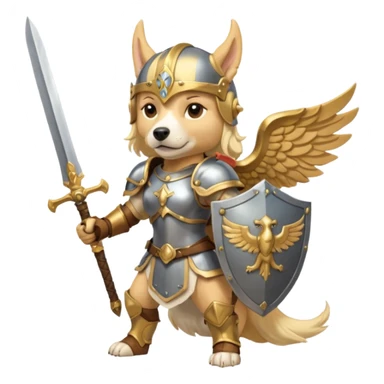 dog freya has sword and shield. she is a valkyrie and has wings. dynamic pose sticker