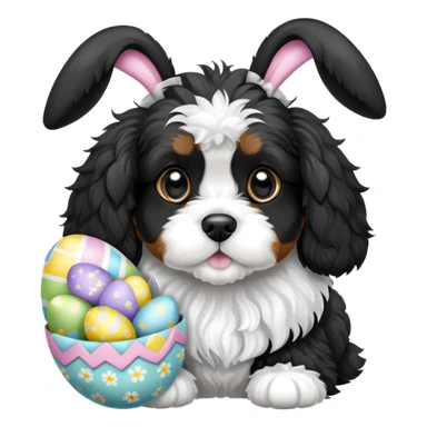 black and white cavoodle with easter bunny ears and easter eggs sticker