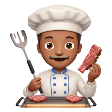 A 3D cartoon cook flipping meat on a grill with tongs, gentle smoke effect, Memoji-style lighting. sticker