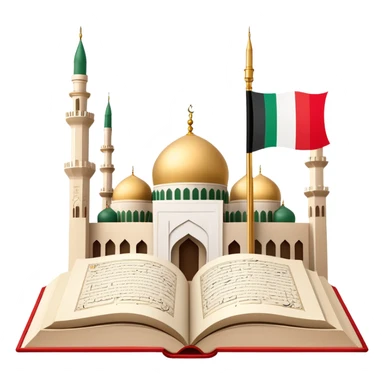 An icon featuring the mosque and the flag of United Arab Emirates, symbolizing the Arabic language. The design includes an open book with Arabic script and calligraphy, representing language learning and cultural heritage. Transparent background sticker