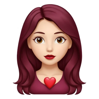 young white woman 
brown almond eyes
heart shaped lips
Long waist-long hair, center parted
slightly wavy
dark burgundy hair\ sticker
