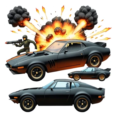 Photorealistic Icon for Action Movies: Dynamic collage of iconic action movie scenes featuring explosions, fast cars, combat, and weapons. Include silhouettes of famous action heroes, dramatic lighting, and a sense of high-octane energy. Transparent background. sticker