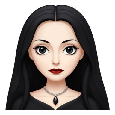 Create a realistic portrait of Morticia Addams with long black hair, elegant black dress & sharp gaze. sticker