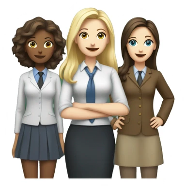 three girls dressed as teachers standing in front of a school board, two of them are brunettes and fair-skinned, one of them is blonde and fair-skinned with blue eyes sticker