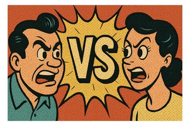 two cartoon faces on either side of a large 'VS' text, comic book burst background, versus comparison sticker