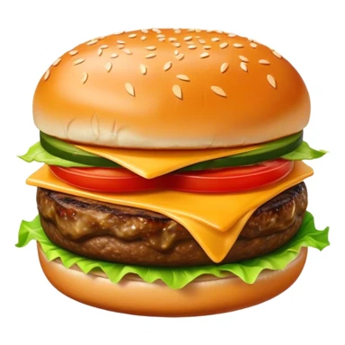 Cinematic juicy cheeseburger, perfectly grilled patty, melted cheese, crisp lettuce, tomatoes, and pickles, soft sesame seed bun, glossy and rich, warm glowing background, ultra-detailed and appetizing. sticker