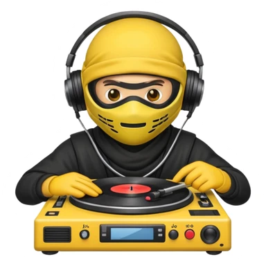 Make a customized yellow head emoji with hands and holding a dj turn table  in a  ninja face mask sticker