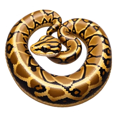 A photo-realistic top-down view of a Ball Python gently coiled into a tight spiral, with its head resting peacefully at the center. Its scales are warm brown with bold, irregular black markings, including the distinctive “alien-head” pattern, flowing smoothly along its body.  sticker