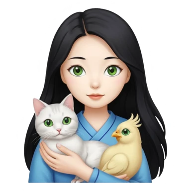 A pretty Korean woman with long black hair, white skin, holding a gray-lined green-eyed cat and a white blue-eyed blind chicken cat
 sticker