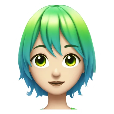 A anime girl with green glowing eyes and rainbow hair and a beautiful blue dress sticker