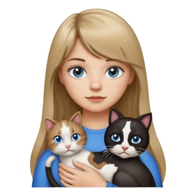 Apple-style emoji sticker of a young woman with long dark blond hair and bang, blue eyes , holding a cat black and white like a cow patch on her chest.  sticker