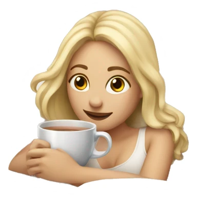 Blonde girl laying in bed with cup of tea and laptop sticker