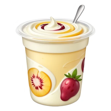 small yogurt cup with peeled-back foil lid, creamy yogurt with fruit swirls, no spoon or extras, soft lighting, subtle shadows, emoji scale sticker