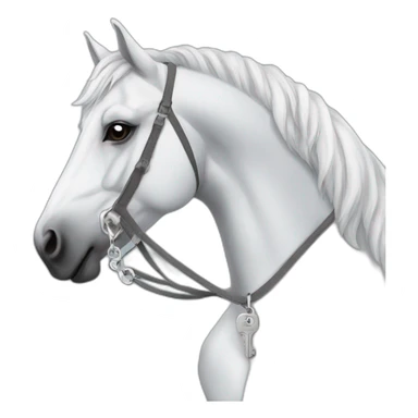 White stallion mustang wearing a grey key around the neck only necklace no mouth strap showing neck no lock sticker