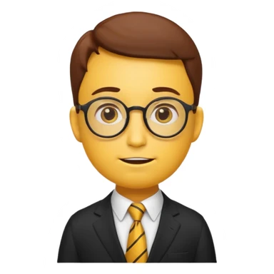 emoji character with the classic nerd emoji head (yellow round face, large brown glasses, buck teeth, freckles). The body is human-like, dressed in an elegant black suit with a tie, in a thoughtful and philosophical pose —  sticker