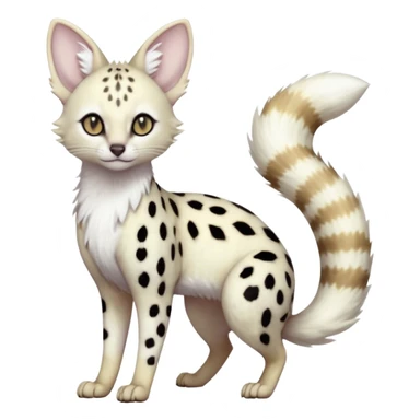White Albino pastel whitish grey-spotted Serval-Civet-Genet-Trico-Furret-Linoone-Noibat-Espeon-Fakémon-Pokémon-animal-hybrid-fusion-creature (full body) with vibrant glowing eyes, cute, elegant, soft, realistic, pastel fur sticker