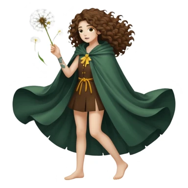 full body woman long curly brown hair brown eyes white skin tattoos dandelion seed cloak blowing apart around her sticker