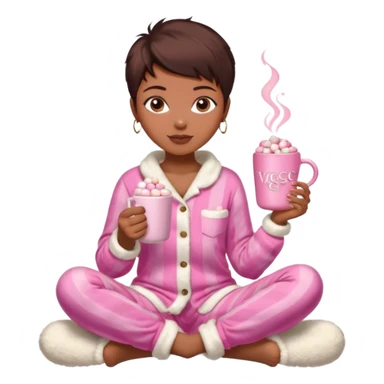 Pixiecut cut Hair Brown aesthetic Victoria's Secret pajama set, Ugg boots, holding hot chocolate with pink and white marshmallows, cozy and cute sticker