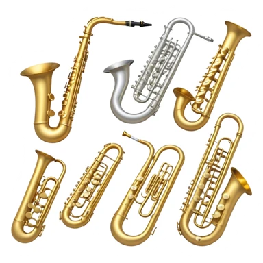 Create a professional, harmonious emoji collage symbolizing wind instruments.  The instruments should be in metallic gold, silver, and brass tones, with subtle reflections to convey a professional and polished appearance. Add soft musical notes or soundwaves to surround the instruments, creating a sense of movement and sound. The background should be transparent, ensuring all instruments are the focus and the composition remains harmonious and balanced. sticker