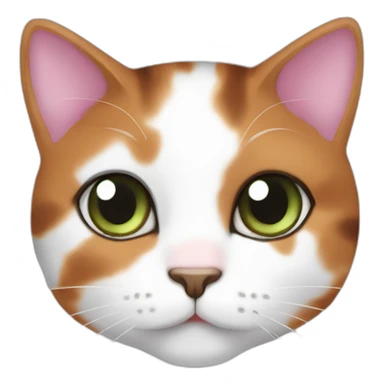 young calico cat face with a pink nose, white chin, green eyes, and orange/brown markings and little dark brown stripes sticker