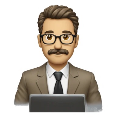 hombre pelo castaño claro, con un poco de barba y un poco de bigote, usando lentes y utilizando una computadora de informático sticker