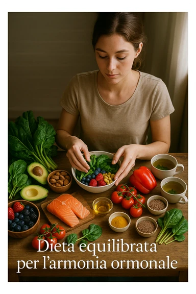 A realistic, cinematic flat-lay image of a clean wooden kitchen table filled with fresh, colorful whole foods known to help reduce androgen excess naturally. The table includes leafy greens like spinach and kale, avocados, berries, colorful vegetables, nuts, seeds (chia and flaxseeds), wild-caught salmon, and herbal teas, carefully arranged in an aesthetically pleasing, organized manner. A small glass bowl with olive oil and another with turmeric powder are included, emphasizing anti-inflammatory properties. In the scene, a young woman with clear, healthy skin and a calm expression is preparing a bowl with these ingredients, symbolizing a hormone-balancing diet. Warm, natural daylight streams in, creating a cozy and inviting atmosphere. The style is hyper-realistic 35mm photography, with vibrant yet soft colors, showcasing textures of the fresh produce and the peaceful vibe of using nutrition to support hormonal balance in italiano sticker