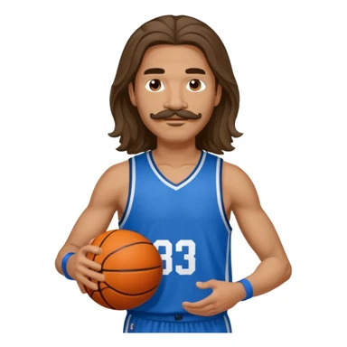 long haired man basketball player blue jersey with mustache holding basket ball sticker