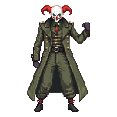 evil clown soldier, bald, small black satan horns on forehead, fangs, pointed ears, eye patch over one eye, long coat over black and military green clothes with bellbottom pants, realistically proportioned, less bulky, full body, fighting stance sticker