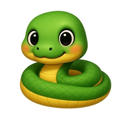 Make the baby anaconda look even younger and cuter, with a rounder face, bigger eyes, and a smaller body, in a simple and adorable emoji style, no background. sticker