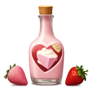 Antique heart-shaped bottle with butter, made of red crystal and crystals, white cream and pink strawberry milk pour from the bottle sticker