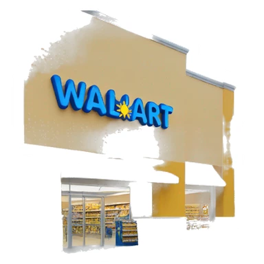 “Walmart store with a simple, recognizable design, featuring the iconic sunburst logo, blue and yellow color scheme, and storefront details that convey a large retail environment.” sticker