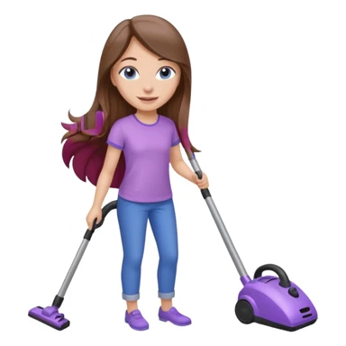 beautiful girl with long brown hair, blue eyes and wearing light purple clothes, cleaning and vacuuming sticker