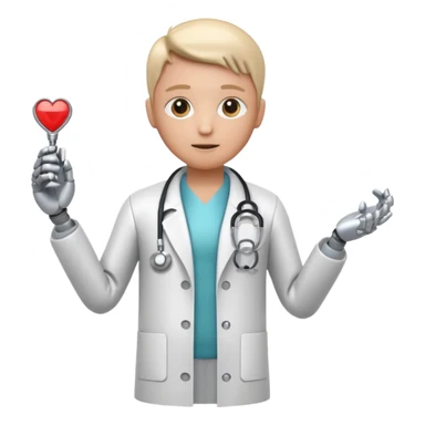 medical robot wearing a white coat and a stethoscope sticker