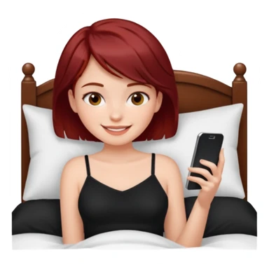 generate a pretty fair bratz girl with short dark red hair using her phone in bed, smiling . Wearing a black cami sticker