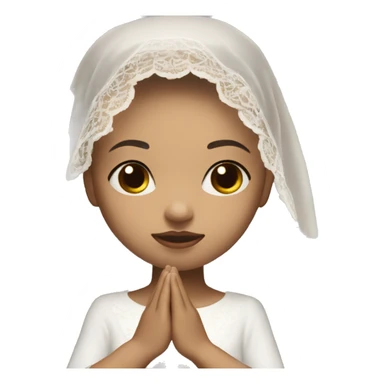 Light skin girl praying with eyes closed and lace white veil with brown boy sticker