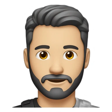 White man with slight tan, dark brown eyes and hair. He has beard stubble and mustache trimmed. Wears black clothing. His hair is an symmetrical undercut with side fade, styled sideways sticker
