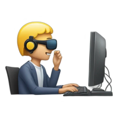 man at computer with a headsettelemarketing attendant sticker