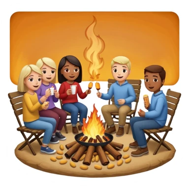 Born fire and people sitting beside born fire on chairs eating peanuts. Born fire is in the centre sticker